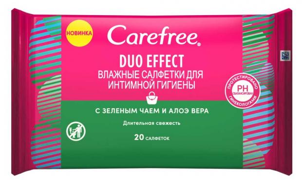 Влажные салфетки для интимной гигиены Carefree Duo Effect с зеленым чаем и алоэ вера, 20 шт