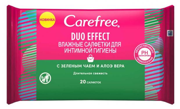 

Влажные салфетки для интимной гигиены Carefree Duo Effect с зеленым чаем и алоэ вера, 20 шт