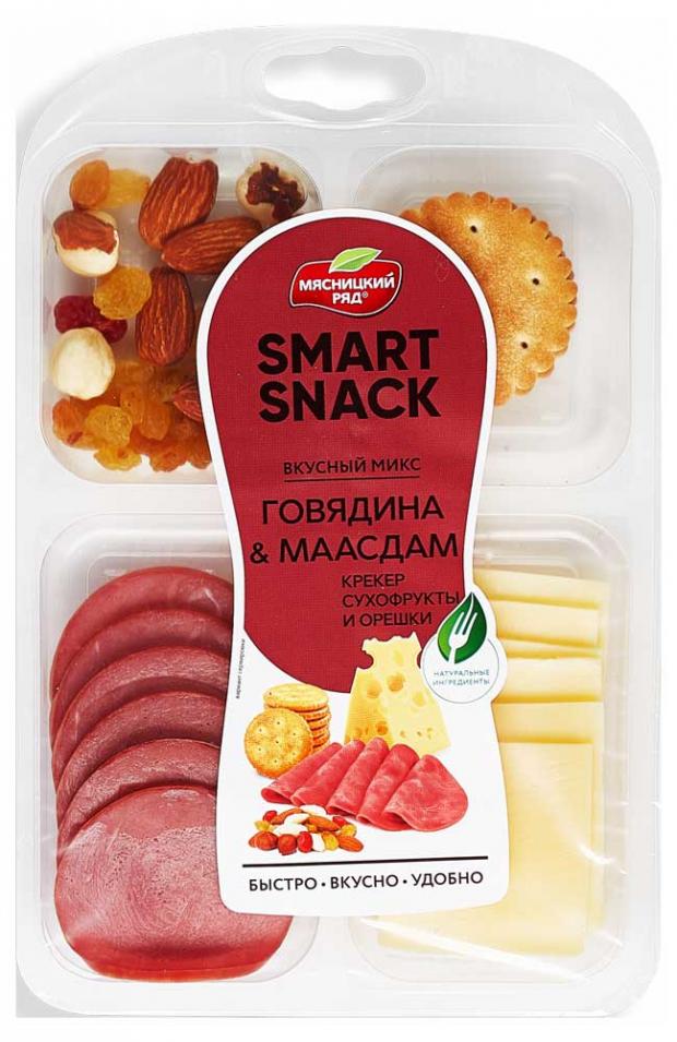 

Закуска «Мясницкий ряд» Smart Snack Говядина Маасдам Крекер Сухофрукты и Орешки, 90 г