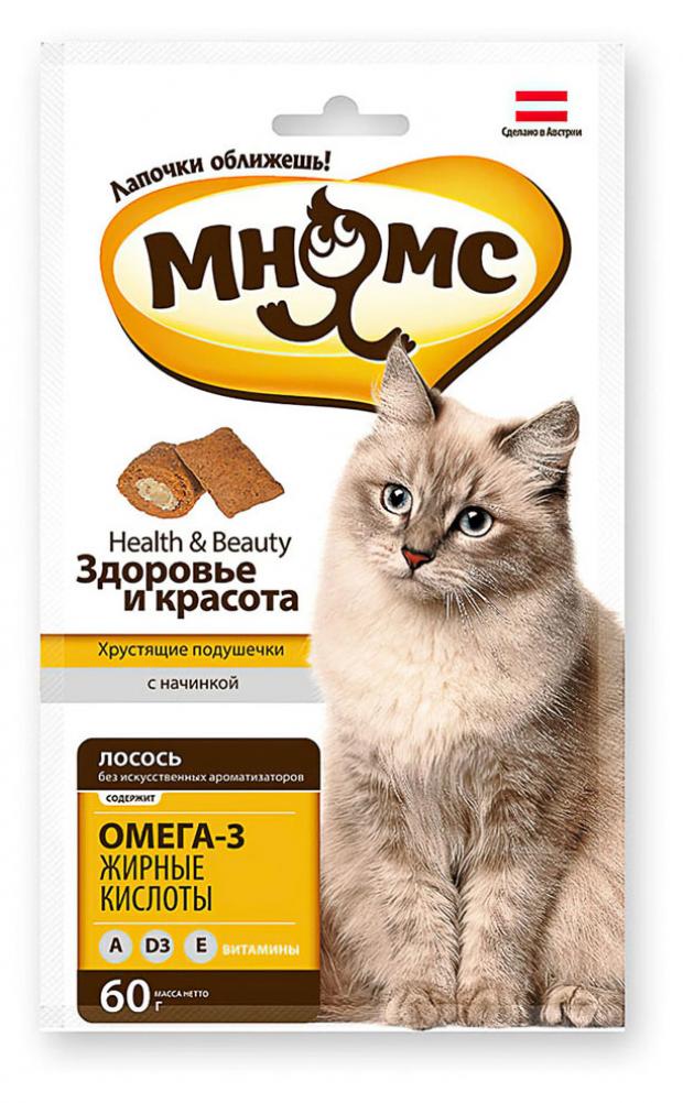 Лакомства для кошек Мнямс хрустящие подушечки Здоровье и красота с лососем 60 г 107₽