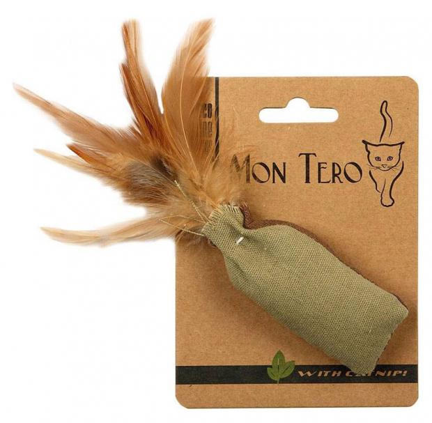 

Игрушка для кошек Мon Тero ЭКО Мешочек с перьями с кошачьей мятой зелено-коричневый, 8х4 см