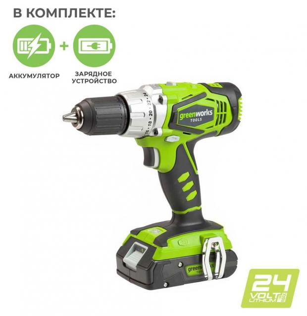 Дрель-шуруповерт Greenworks G24DDK2 2Ач