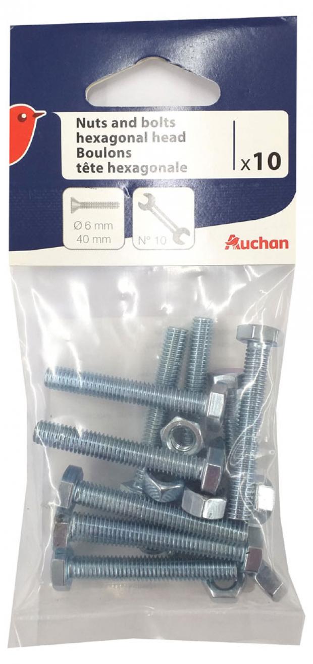 

Набор болтов и гаек Auchan Красная Птица с шестигранной головкой 6х40, 10 шт