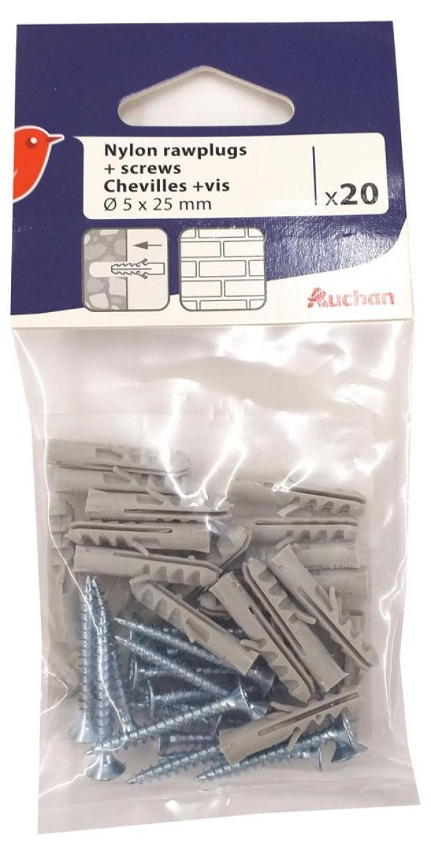 

Дюбели нейлоновые + шурупы Auchan Красная Птица 5х25, 20 шт