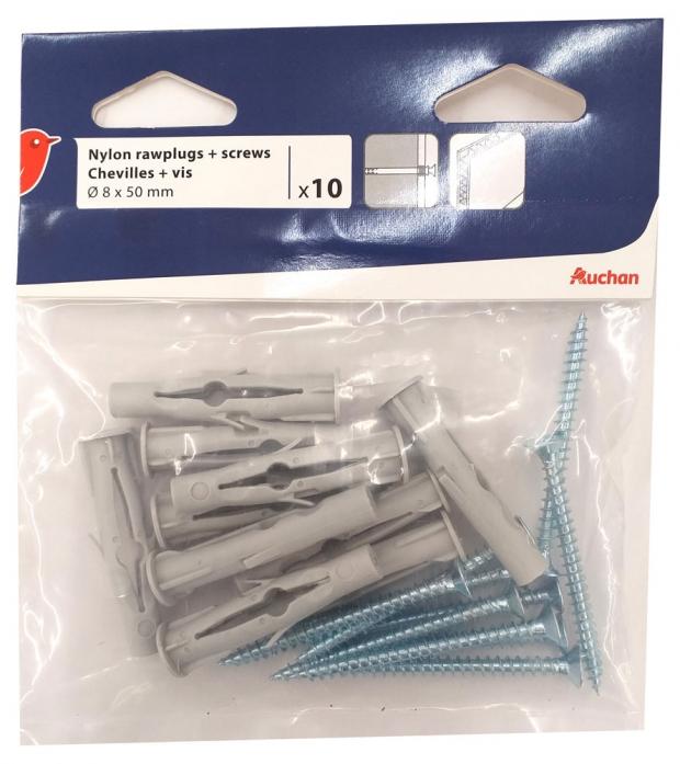 

Дюбели нейлоновые + шурупы Auchan Красная Птица 8х50, 10 шт