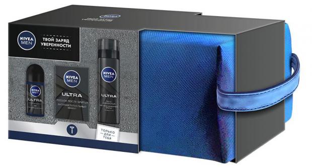 фото Подарочный набор пена для бритья nivea men ультра, 200 мл + лосьон после бритья nivea men, 100 мл + дезодорант-антиперспирант шариковый nivea men, 50 мл в косметичке