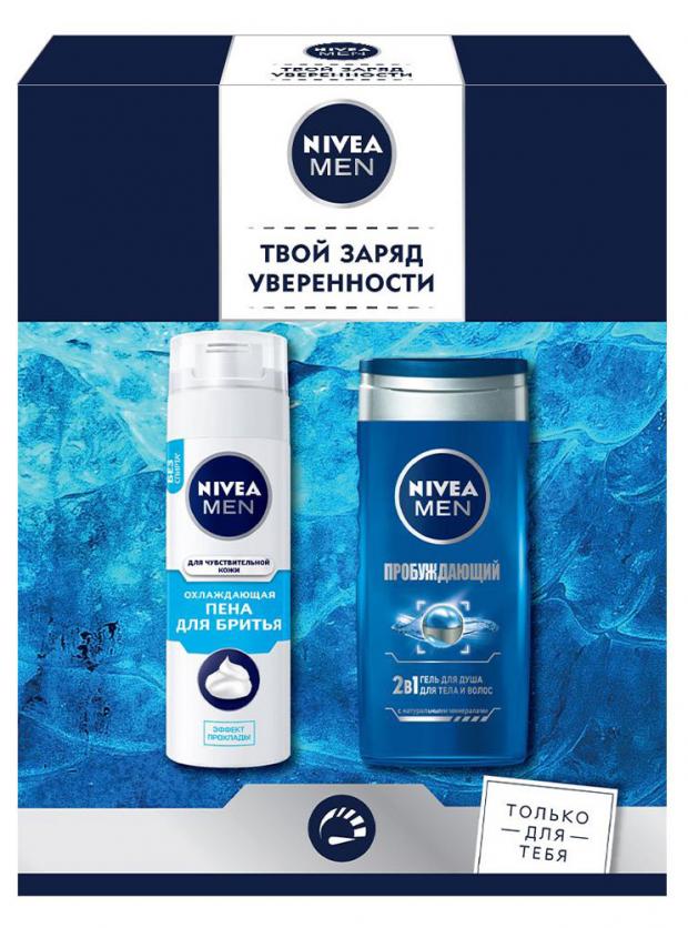 

Подарочный набор Гель для душа Nivea Men Пробуждающий, 250 мл + Пена для бритья Nivea Men для чувствительной кожи охлаждающая, 200 мл
