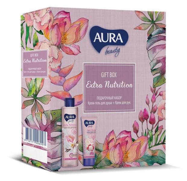 Подарочный набор Крем-гель для душа Aura Beauty Extra Nutrition Сливочная ваниль и пион, 250 мл + Крем для рук Aura Beauty Тонизирующий, 75 мл