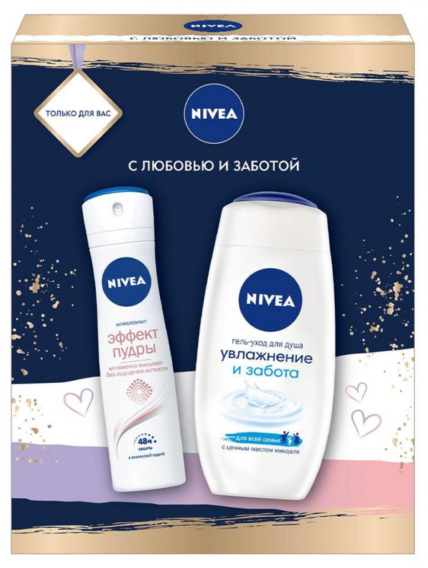 Подарочный набор Гель для душа Nivea Увлажнение и забота, 250 мл + Дезодорант-антиперспирант спрей Nivea Эффект Пудры, 150 мл