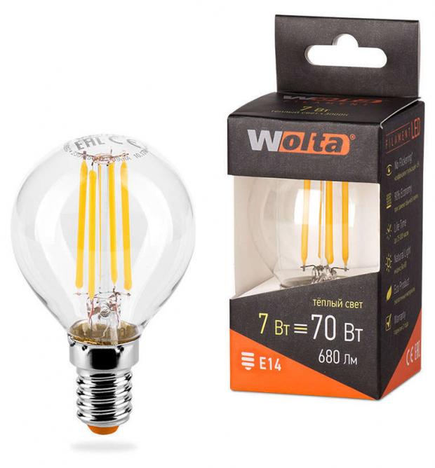 

Лампа светодиодная WOLTA Filament 7-70W E14 Ш FLM теплый свет