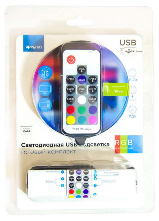 

Комплект светодиодной подсветки для ТВ Apeyron 5В 14,4Вт/м smd5050 30д/м IP20 0,5м RGB