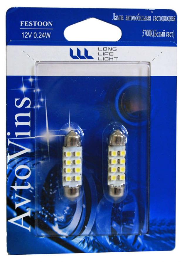 Лампа диодная Avtovins C5W 8SMD подсветка салона, 3528-39 мм