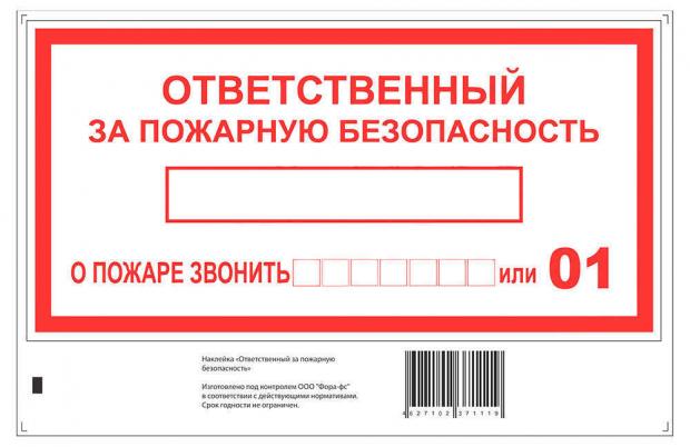 

Наклейка Golden Snail Ответственный за пожарную безопасность, 20х13 см