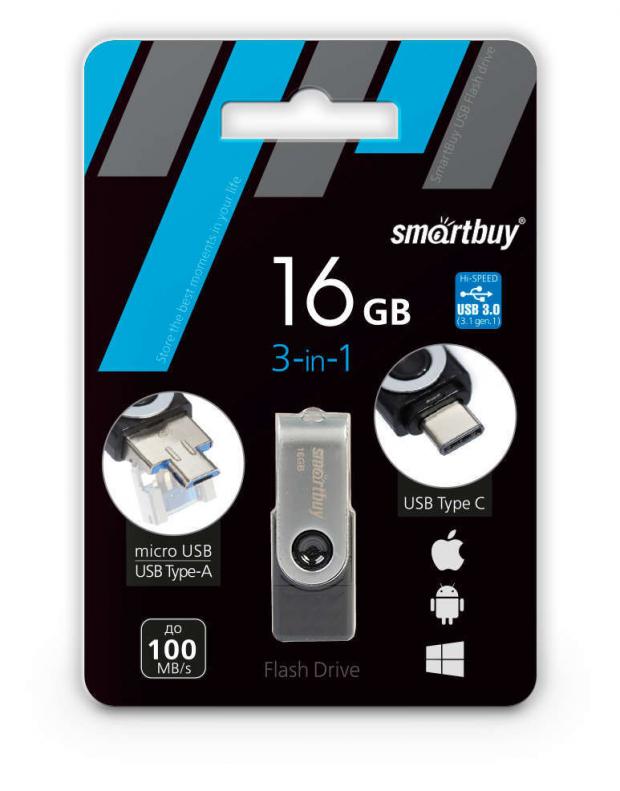 

Накопитель Smartbuy Trio OTG 3 в 1 16 Гб