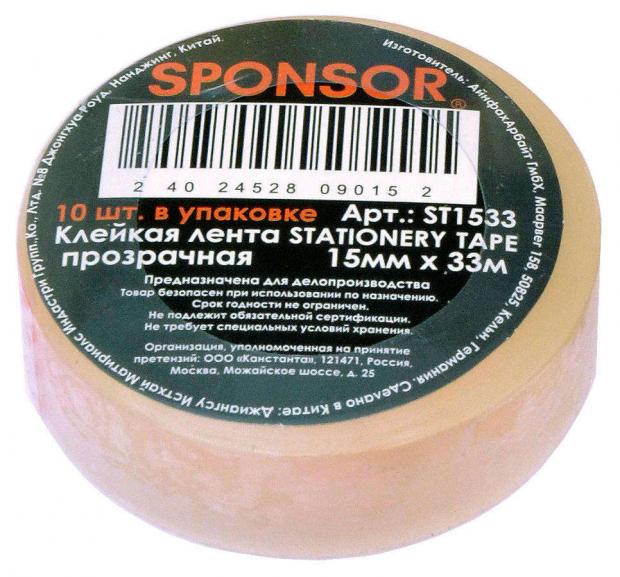 

Лента клейкая Sponsor прозрачная, 15 ммх33 м