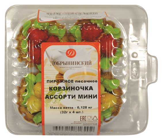 

Пирожное песочное Корзиночка Добрынинский Ассорти мини 4 шт, 128 г