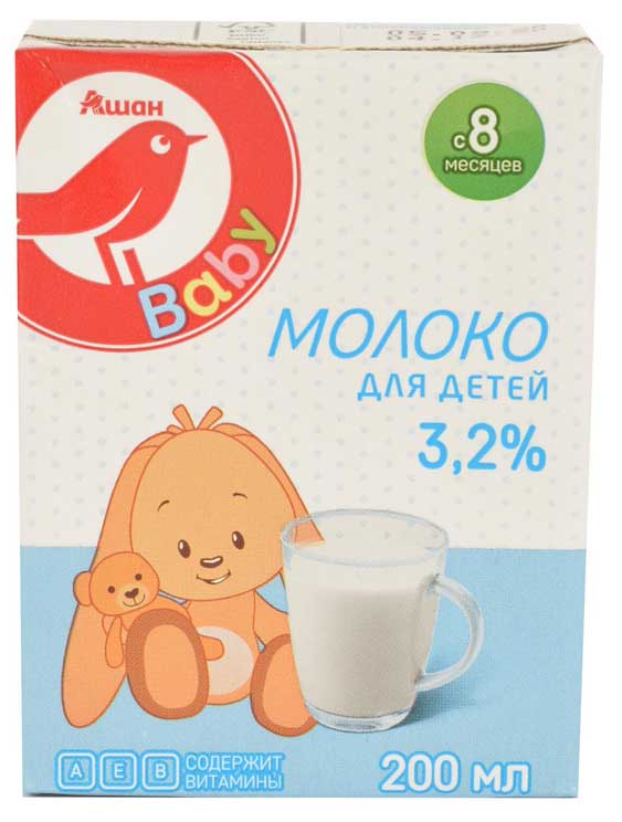 

Молоко детское АШАН Красная птица Baby ультрапастеризованное 3,2% с 8 мес., 200 мл
