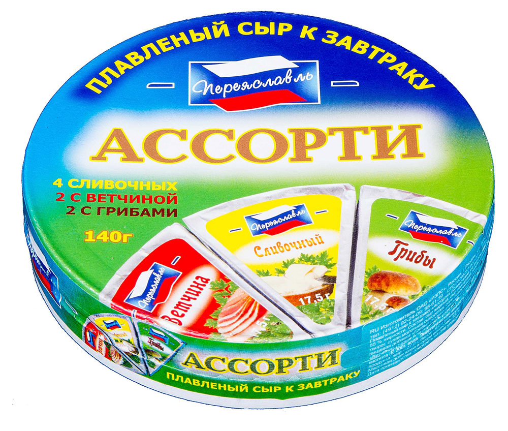 

Сыр плавленый Переяславль Ассорти сливочный грибы ветчина БЗМЖ, 140 г
