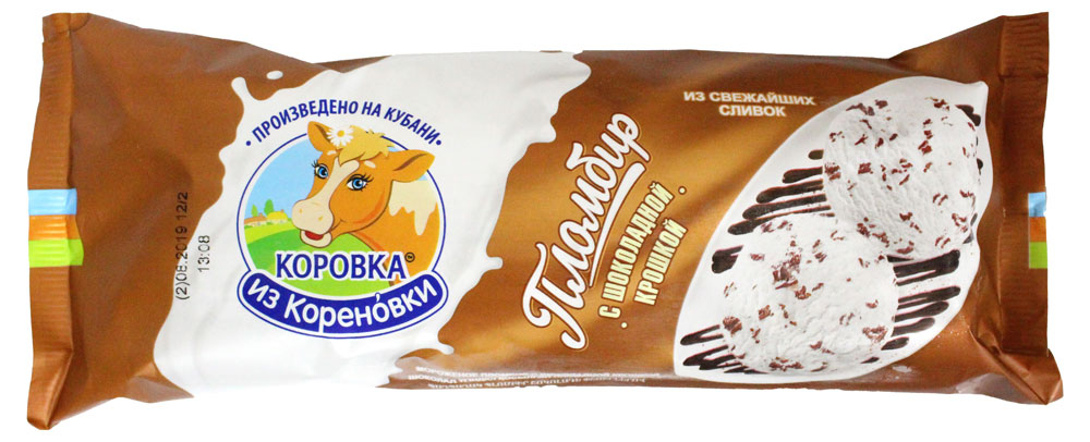 Изображение товара Мороженое «Коровка из Кореновки» пломбир ванильный с шоколадной крошкой 15% БЗМЖ, 400 г
