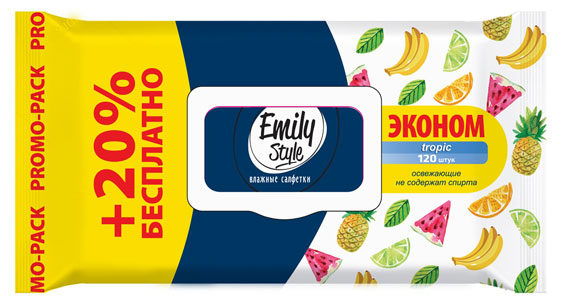 

Влажные салфетки Emily Style Tropic с клапаном, 120 шт