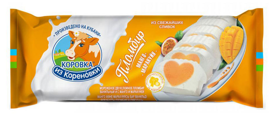 

Мороженое Коровка из Кореновки пломбир двухслойный ваниль и манго-маракуйя БЗМЖ, 400 г