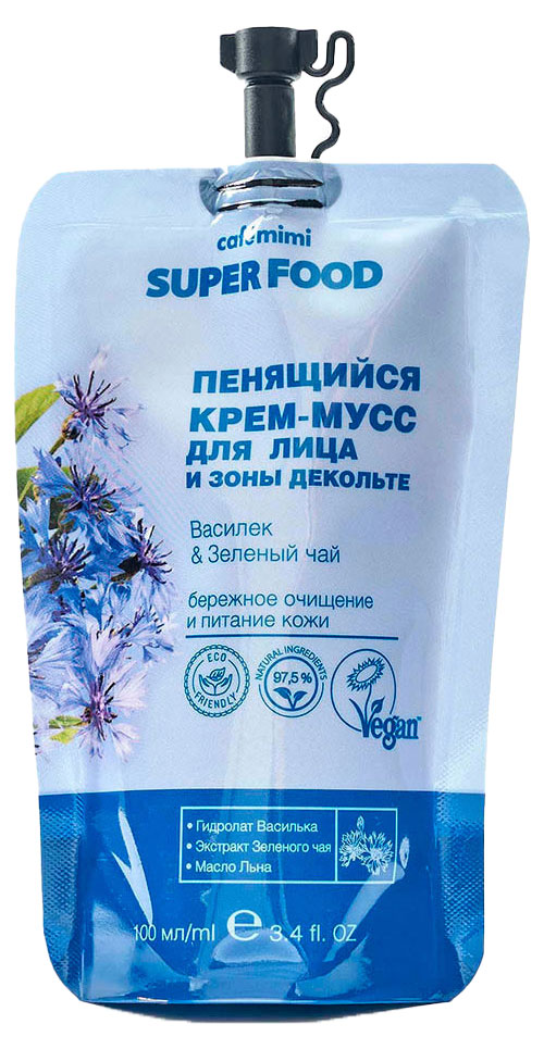 

Крем-мусс для лица и зоны декольте Cafe Mimi Super Food Пенящийся василек зеленый чай, 100 мл