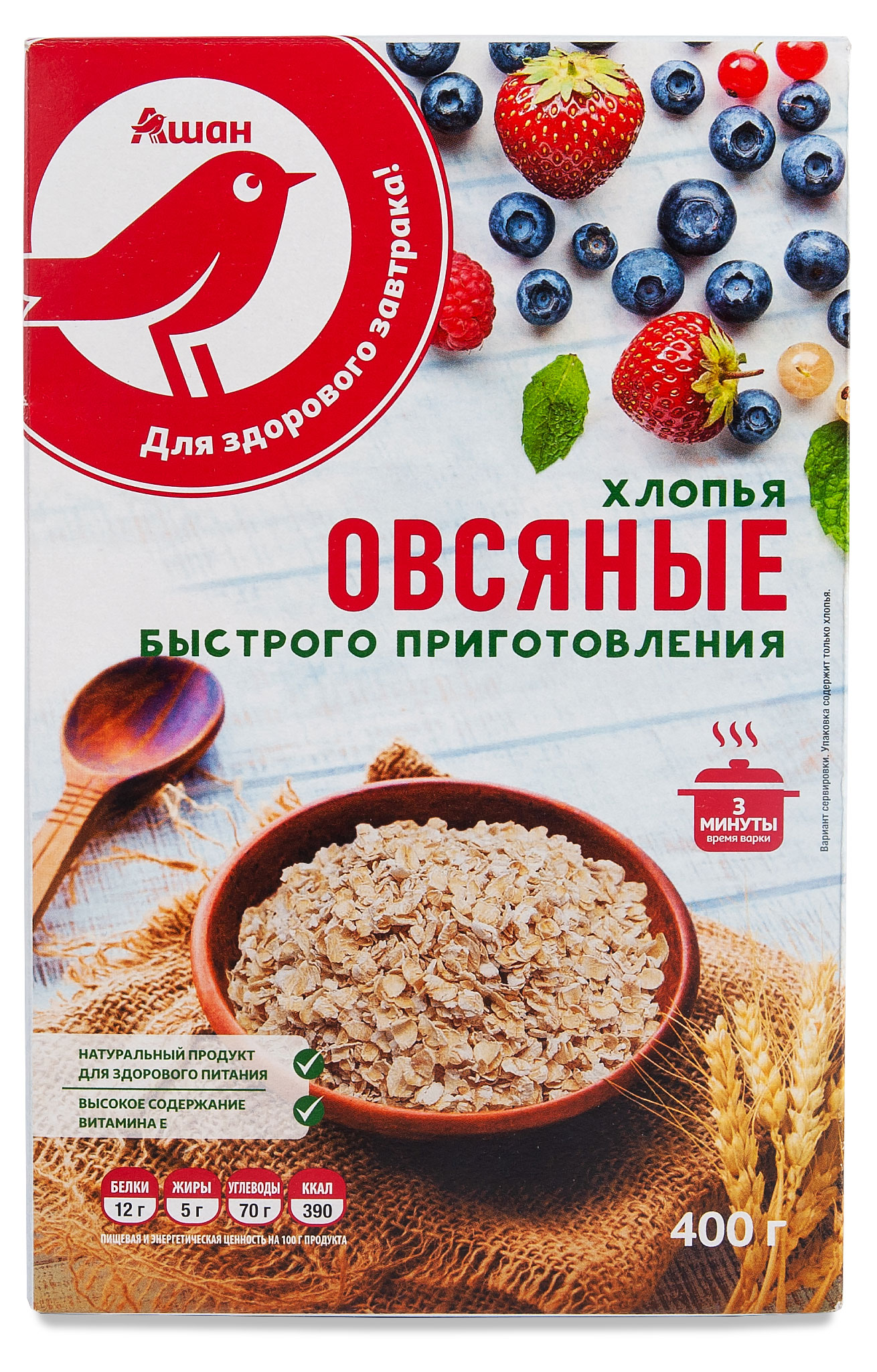 

Хлопья овсяные АШАН Красная птица, 400 г