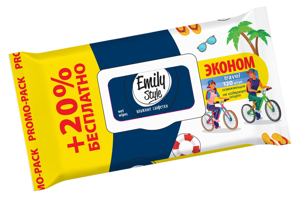 

Влажные салфетки Emily Style Travel Эконом с клапаном, 100+20 шт (мин. заказ 2 шт.)