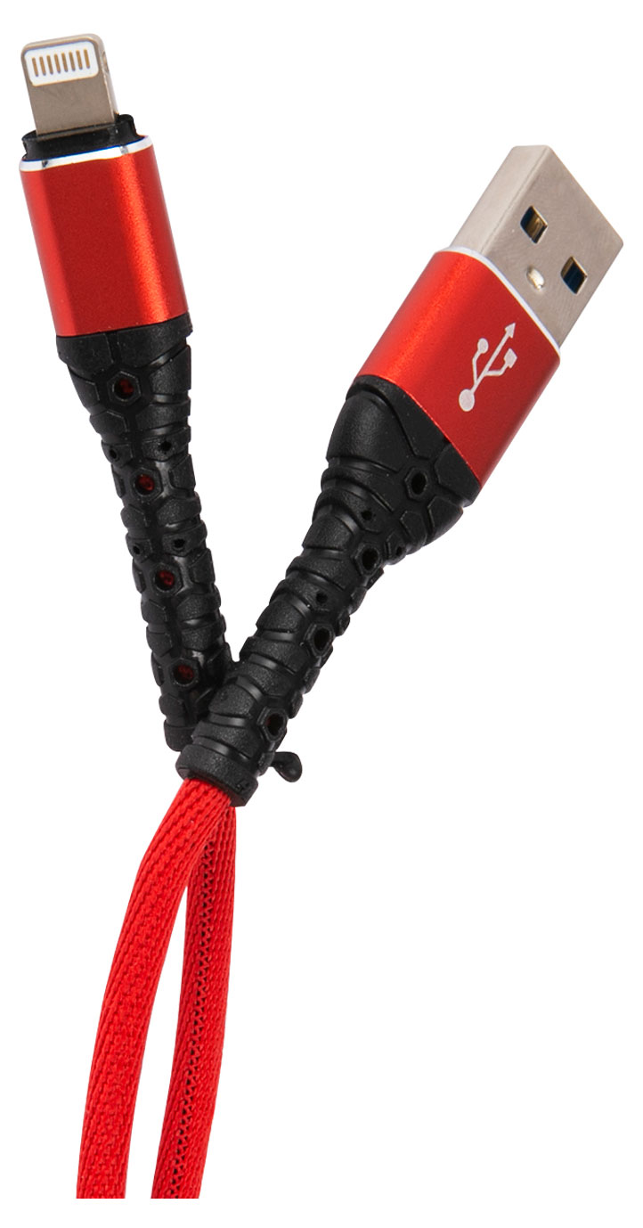 

Дата-кабель mObility USB Lightning, 3А, тканевая оплетка, красный