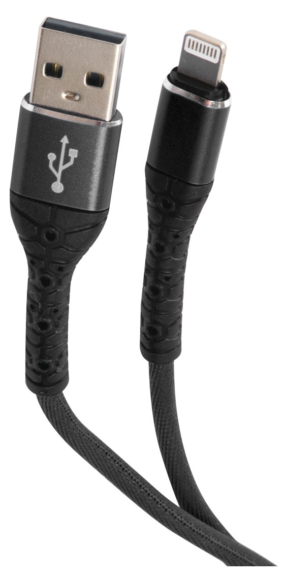 

Дата-кабель mObility USB Lightning, 3А, тканевая оплетка, черный