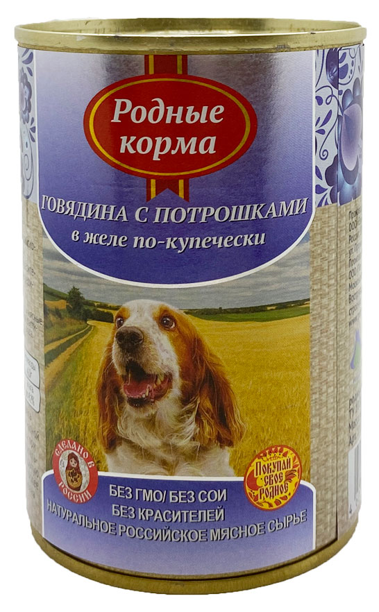 

Консервы для собак Родные корма говядина с потрошками в желе по-купечески, 410 г