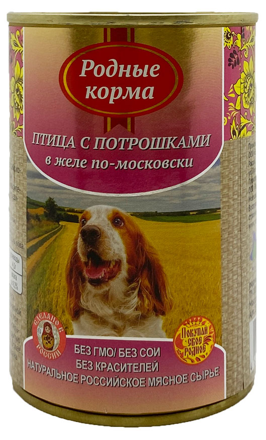 

Консервы для собак Родные корма птица с потрошками в желе по-московски, 410 г
