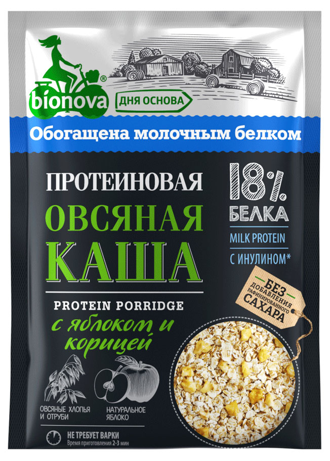 

Каша овсяная Bionova протеиновая с яблоком и корицей 18%, 40 г
