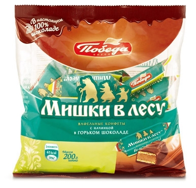 

Конфеты Победа вкуса Мишки в лесу вафельные с начинкой в горьком шоколаде, 200 г