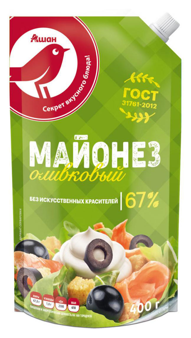 

Майонез АШАН Красная птица Оливковый 67%, 400 мл
