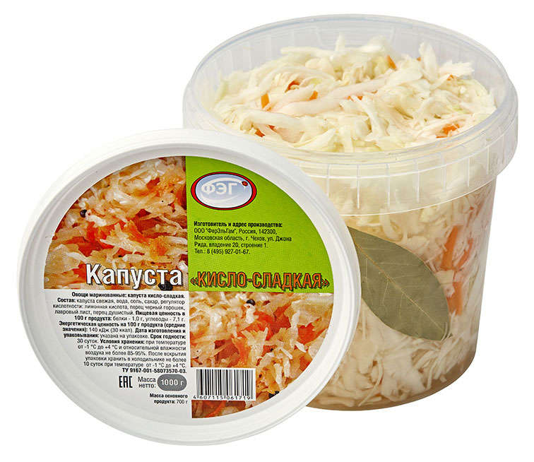 

Капуста кисло-сладкая ФЭГ маринованная, 1 кг