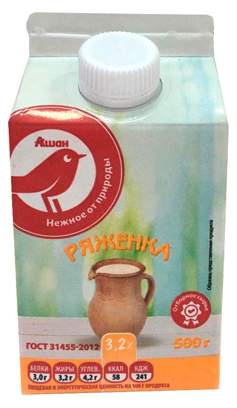 

Ряженка АШАН Красная птица 3.2% БЗМЖ, 500 г