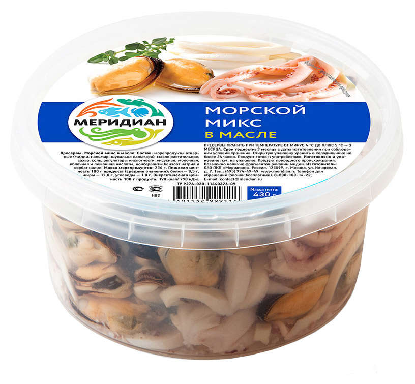 

Коктейль из морепродуктов Меридиан Морской микс в масле, 430 г