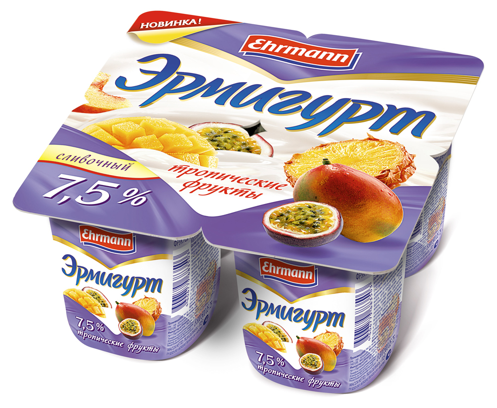 Изображение товара Йогурт сливочный Ehrmann «Эрмигурт» тропические фрукты 7,5 %, 100 г