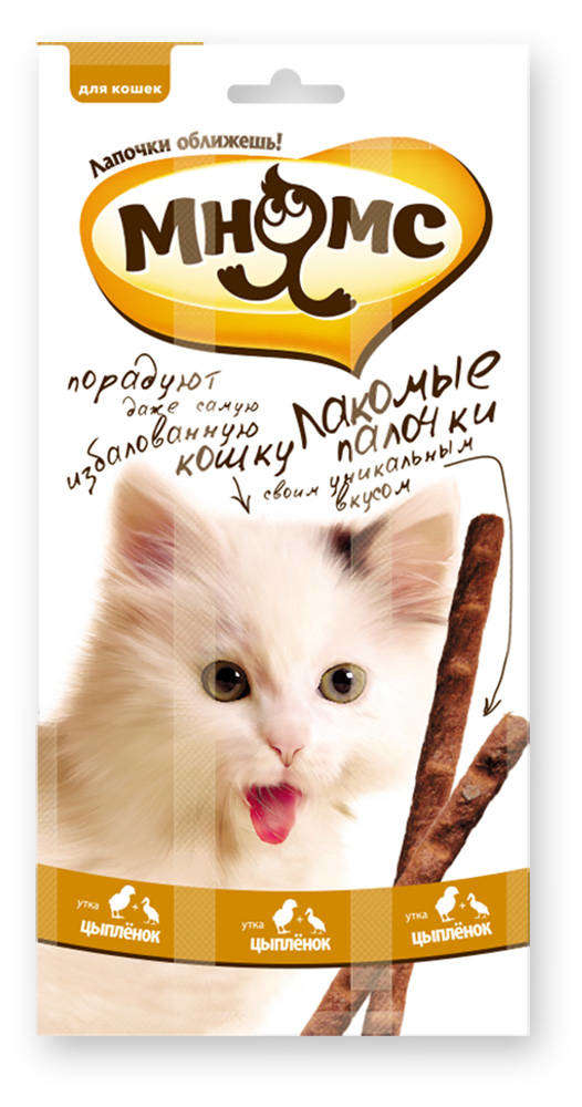 

Лакомство для кошек Мнямс палочки с цыпленком и уткой, 3х5 г