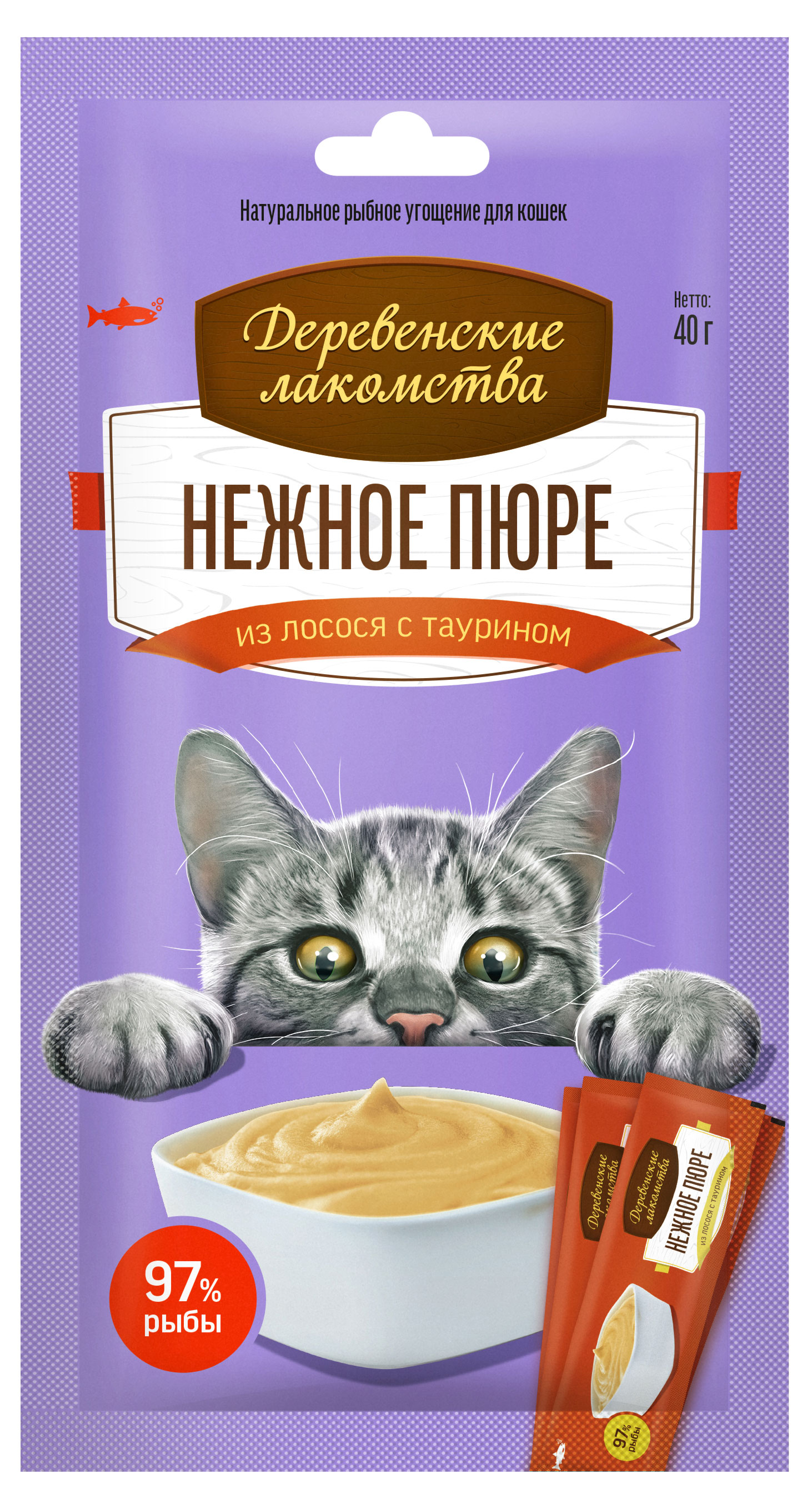 

Лакомство для кошек Деревенские лакомства нежное пюре из лосося, 40 г