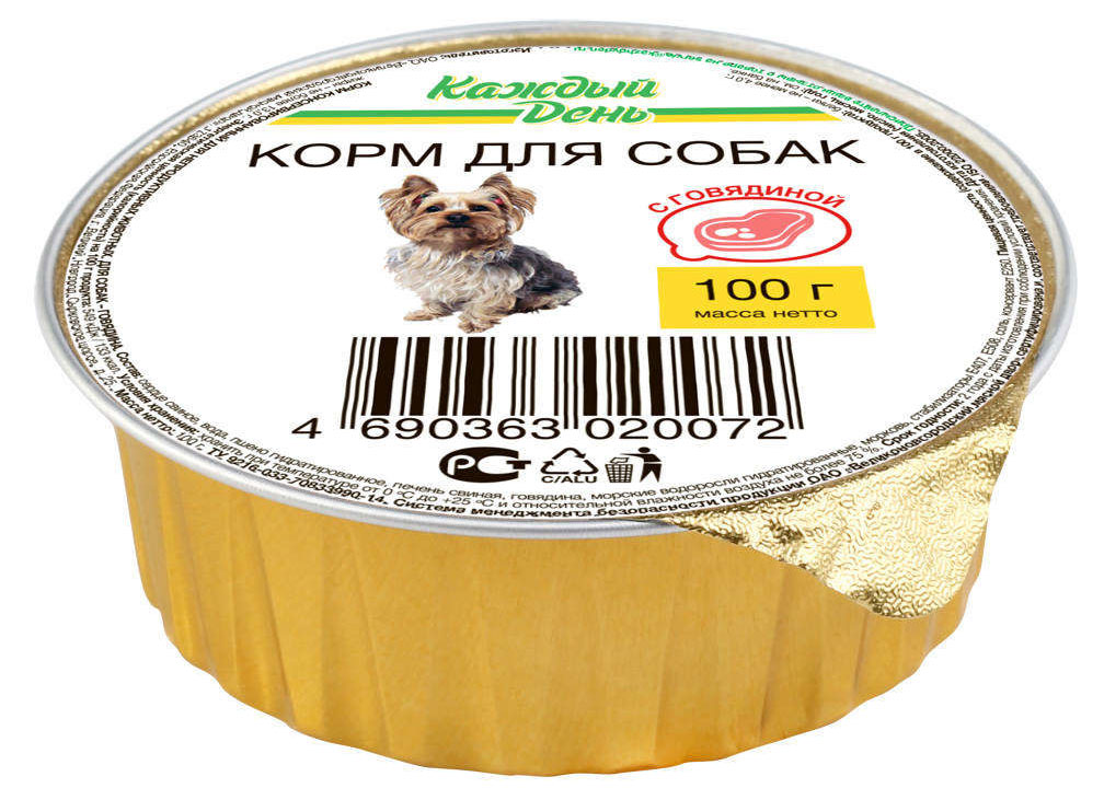 

Корм для собак Каждый День с говядиной, 100 г