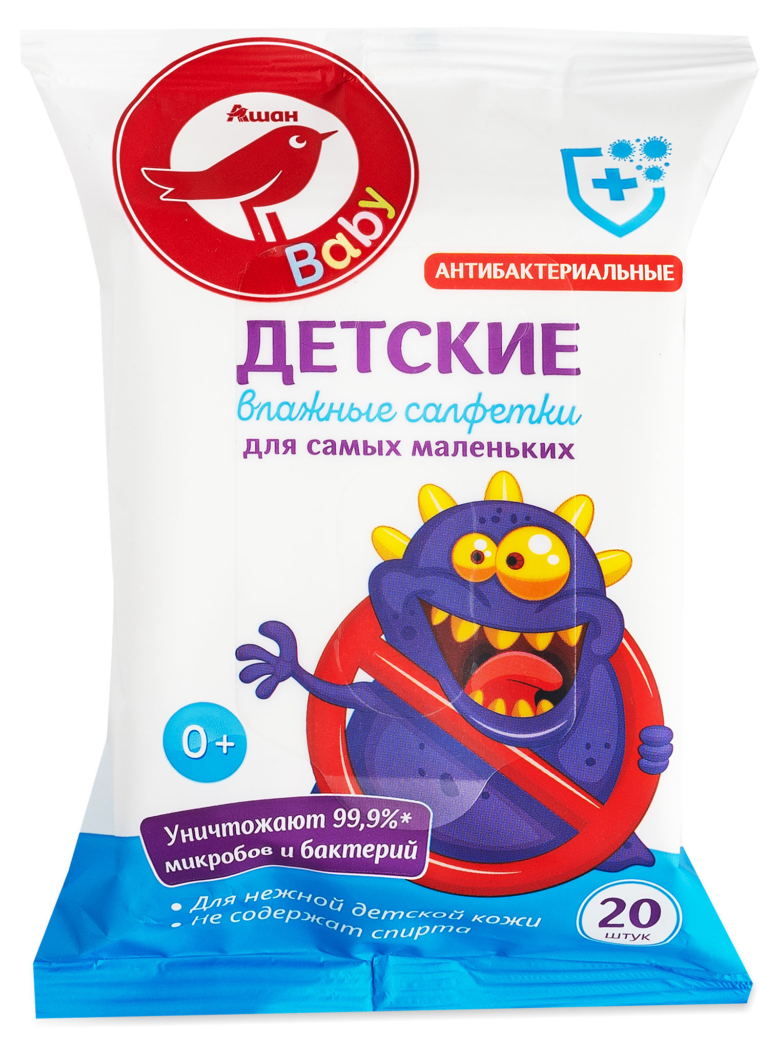 

Влажные салфетки детские АШАН Красная птица антибактериальные, 20 шт