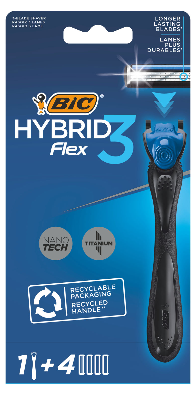 

Бритва мужская, BIC Hybrid 3 Flex, 1 ручка и 4 сменные кассеты