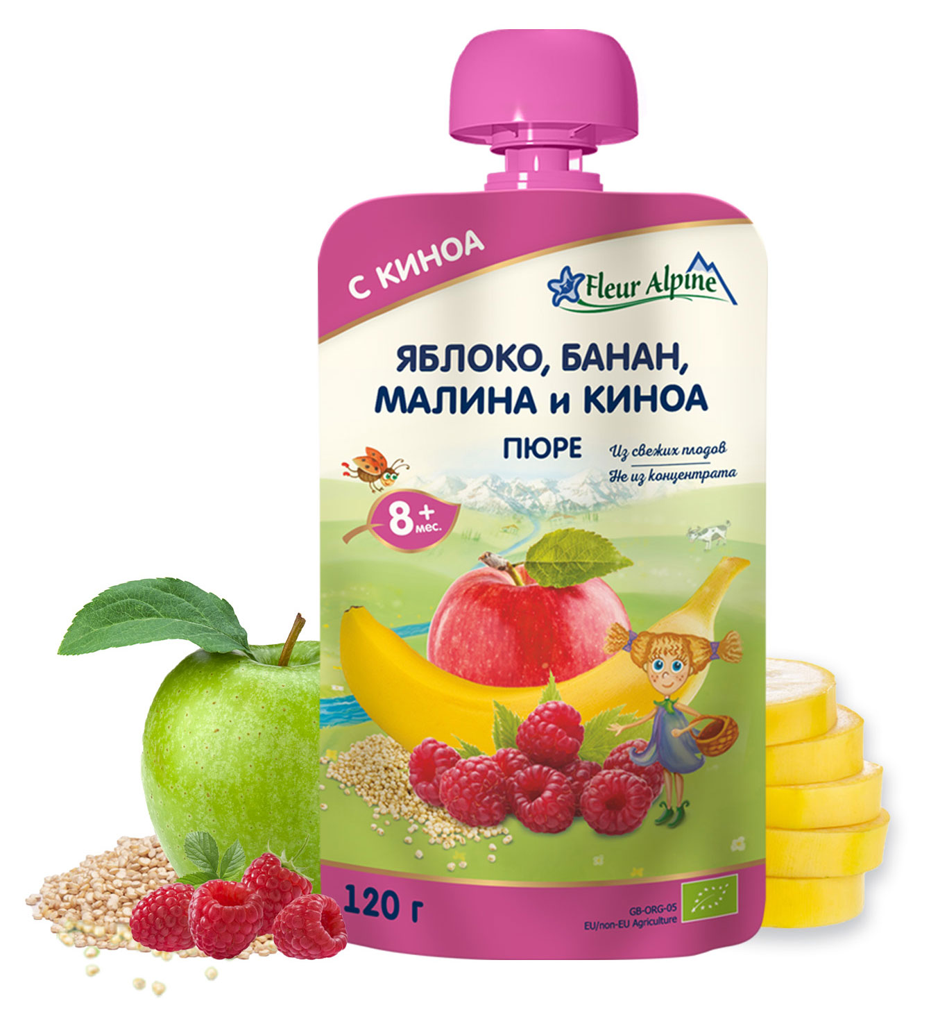 

Пюре детское Fleur Alpine яблоко, банан, малина и киноа, с 8 месяцев, 120 г