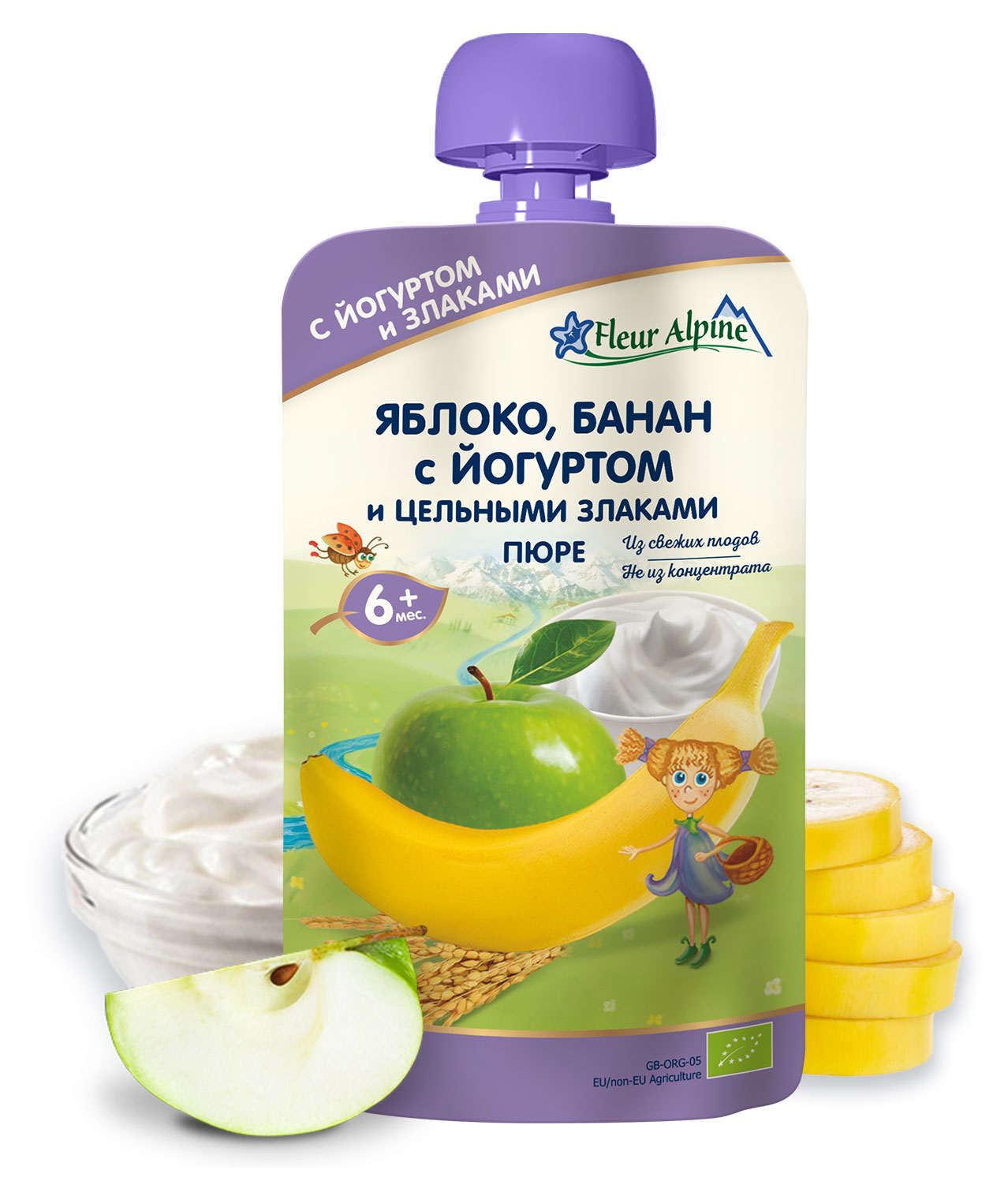

Пюре детское Fleur Alpine яблоко, банан с йогуртом и цельными злаками, с 6 месяцев, 120 г