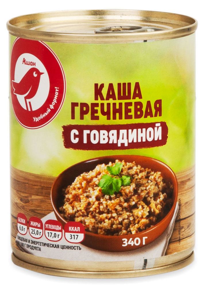 

Каша АШАН Красная птица гречневая с говядиной, 340 г