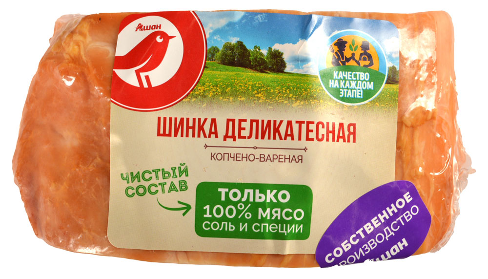 

Шинка варено-копченая деликатесная АШАН Красная птица охлажденная, ~ 500 г