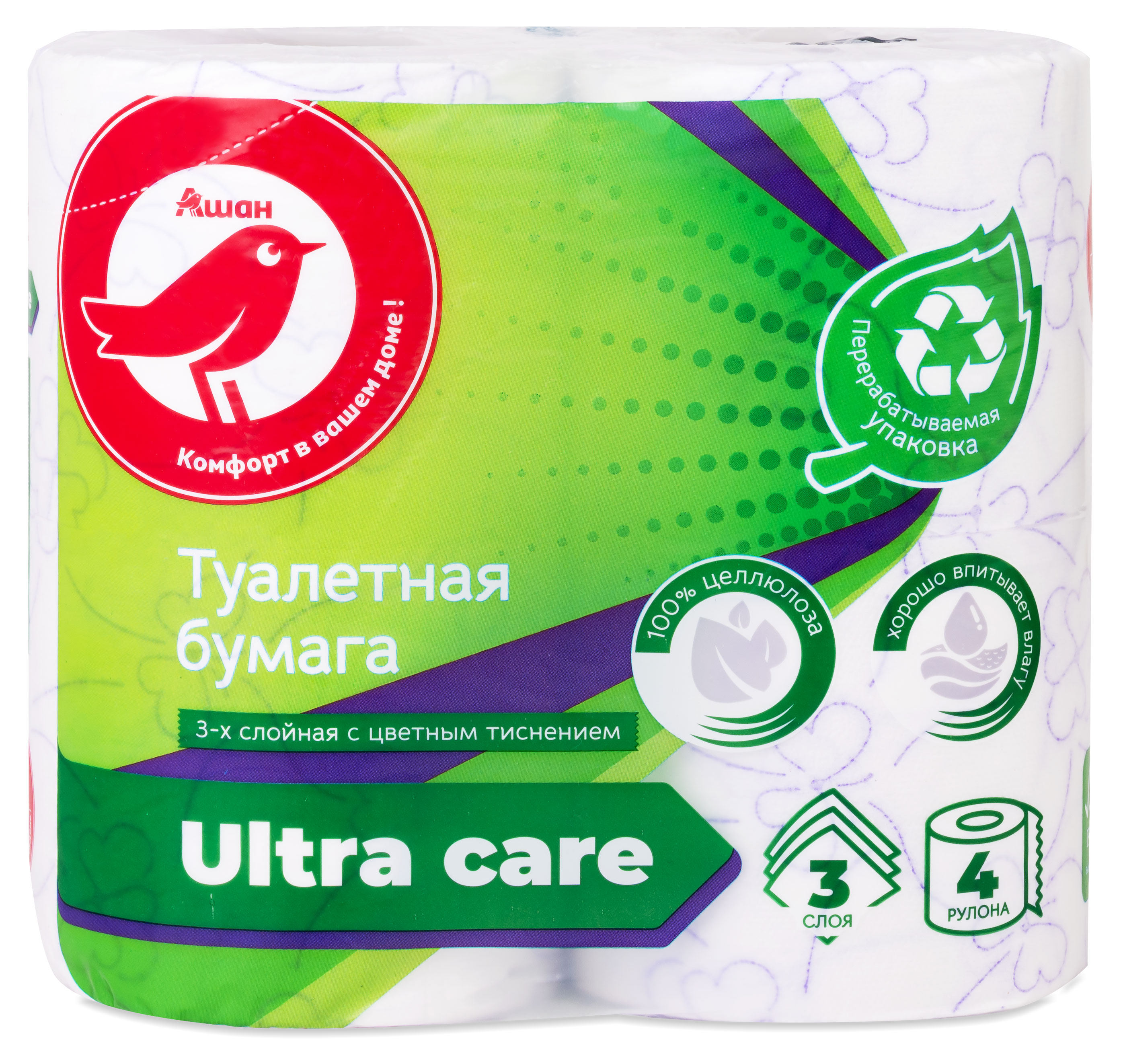 

Туалетная бумага АШАН Красная птица цветная с тиснением, 3 слоя, 4 рулонов