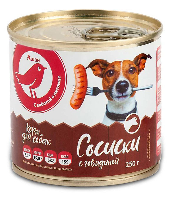 

Консервированный корм для собак АШАН Красная птица сосиски с говядиной, 250 г